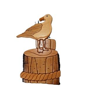 Handcrafted Wood Nautical Seagull on Pilings Carving Wood Art Rustic Beach Decor